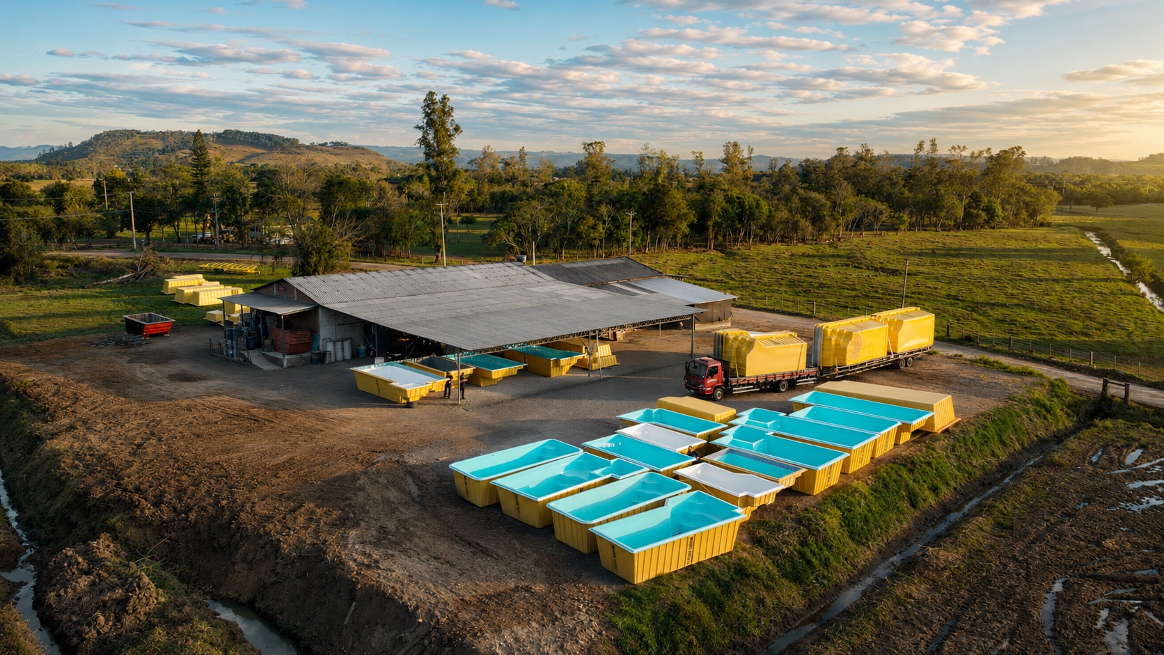 Vista aérea da fábrica da Fyber Show em Taquara, com o pátio cheio de piscinas prontas e um caminhão sendo carregado