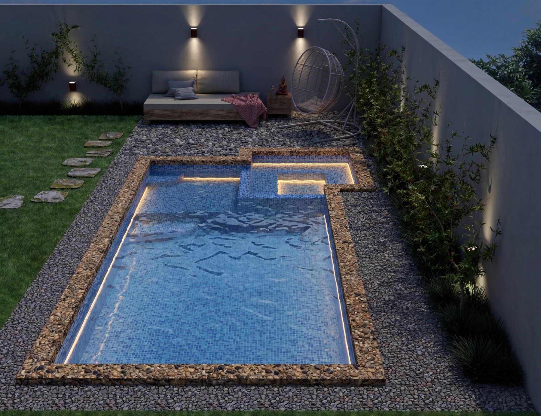 Piscina com spa integrado, inteira pastilhada, iluminada à noite