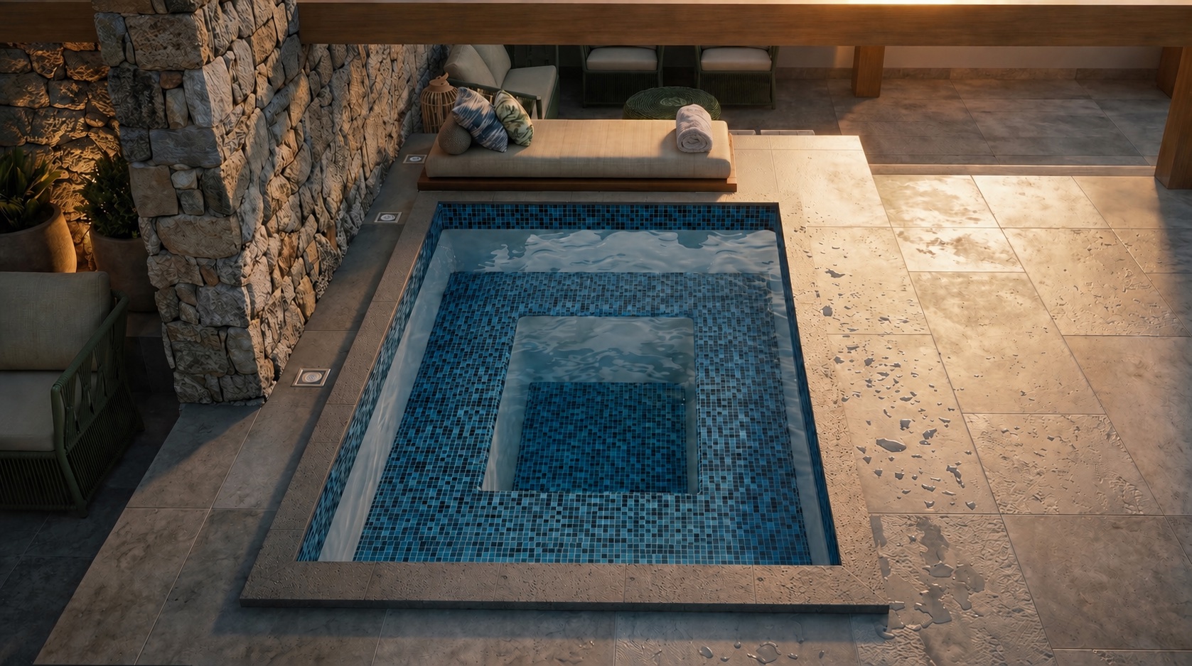 Spa quadrado inteiro pastilhado, com luz quente e piso de pedra