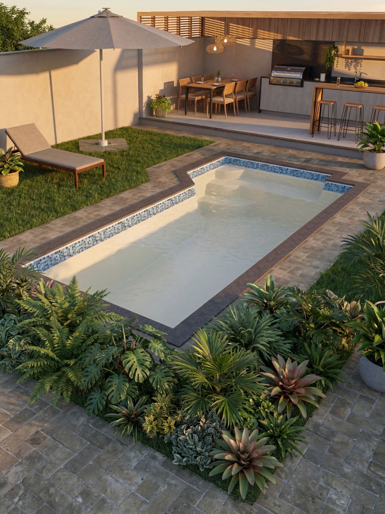Piscina da Linha Ilhas em área de lazer com churrasqueira ao entardecer