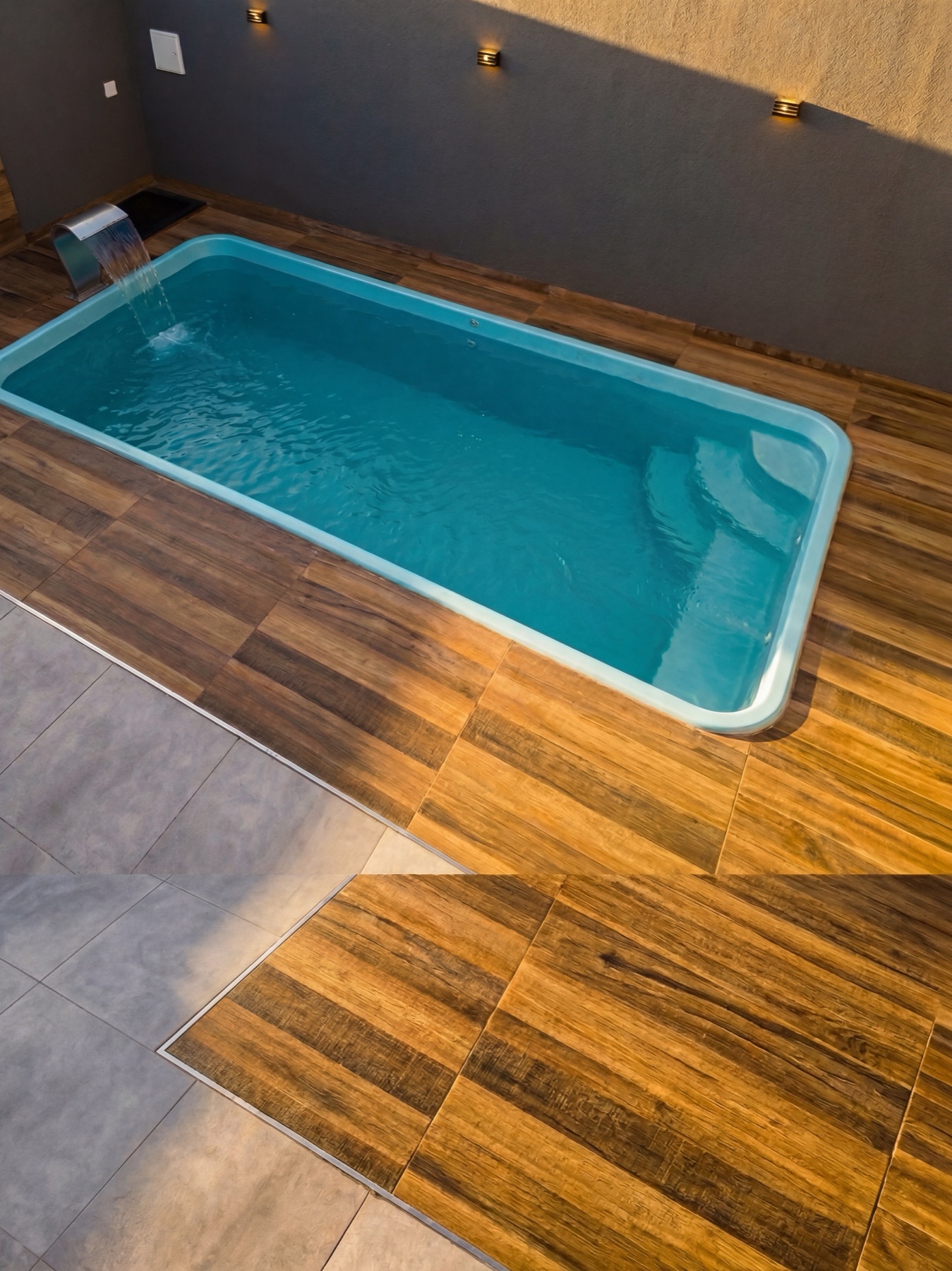 Piscina da Linha Nordeste com cascata em deck de porcelanato amadeirado
