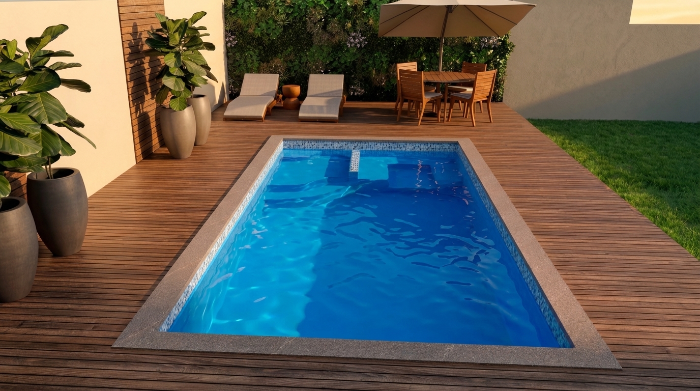 Piscina Spa Topázio instalada em deck de madeira, com espreguiçadeiras e mesa ao fundo